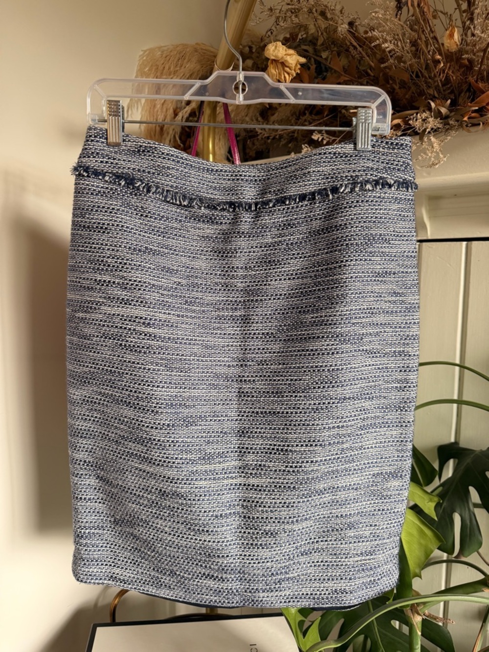 Karl Lagerfeld Navy and White Tweed Pencil Skirt